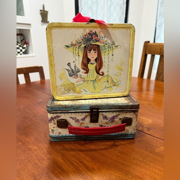 Vintage 1950s Thermos Corsage Flower Metal Lunchbox – Blue Floral Design - Picture 9 of 13